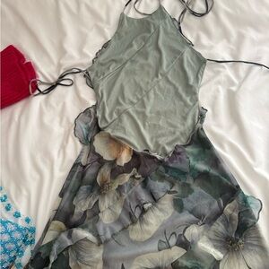 Fashion Nova Asymmetrical Floral Dress in Green and Gray